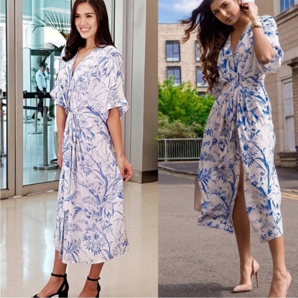 H&M Off White & Blue Floral China Print
Belted Midi Kaftan Dress